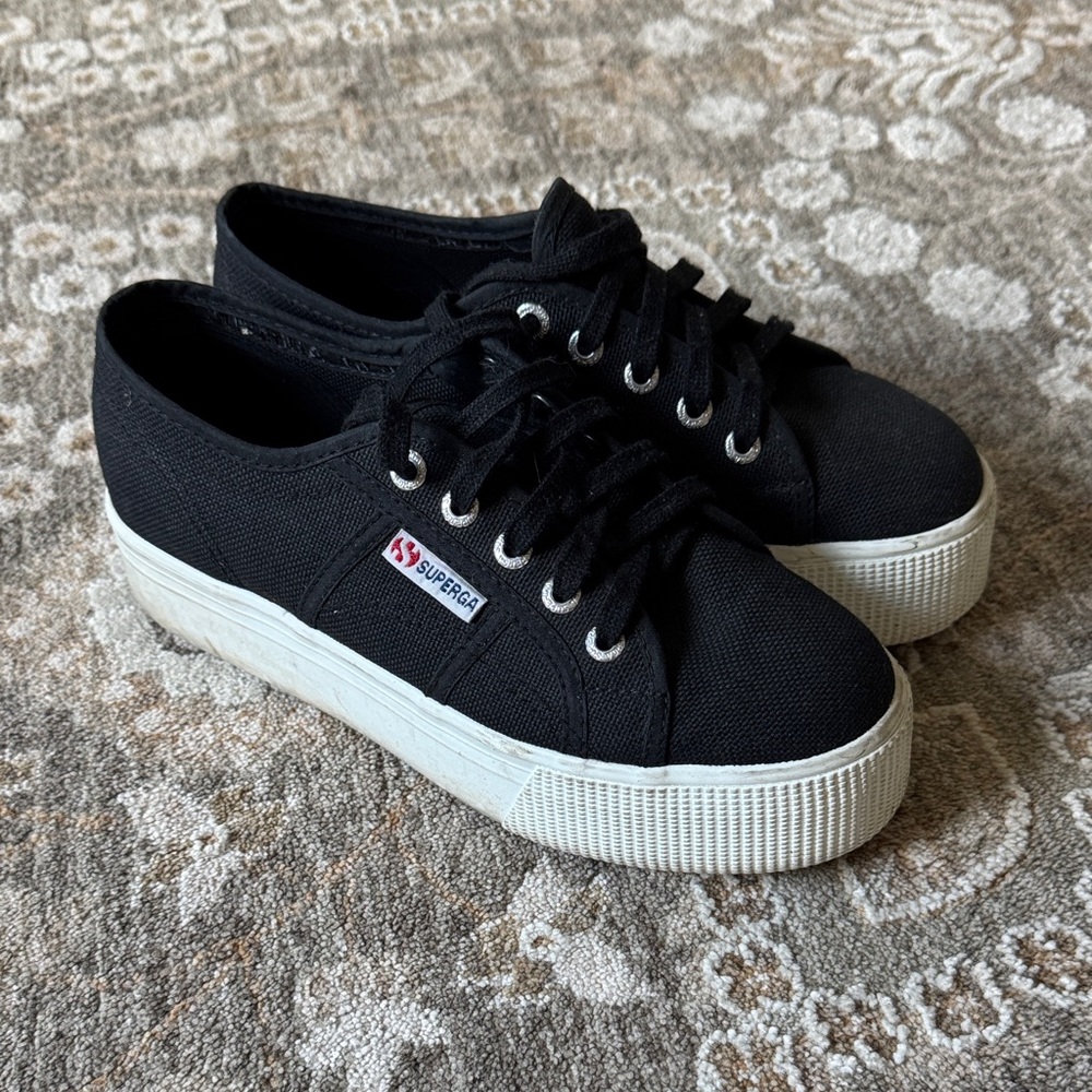 Superga Black Canvas Platform Shoes